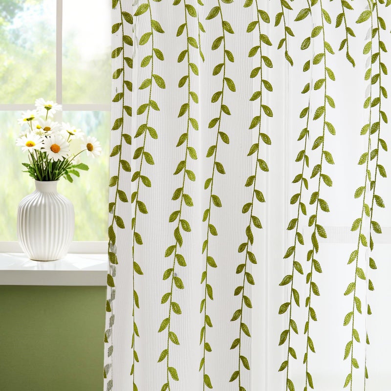 BROSHAN Green Embroidered Sheer Curtains 2 Panel Sets for Bedroom-Elegant White Sheer Curtains 75 inches Long with Leaf Design Rod Pocket Semi Transparent Curtain Drapes for Living Room Windows - Image 1